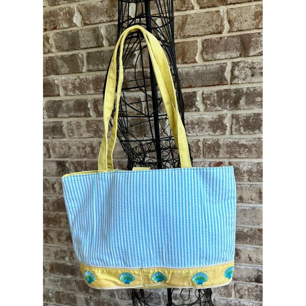 Quacker Factory Resort Blue White Seersucker Seashell Tote Bag Yellow Tr…